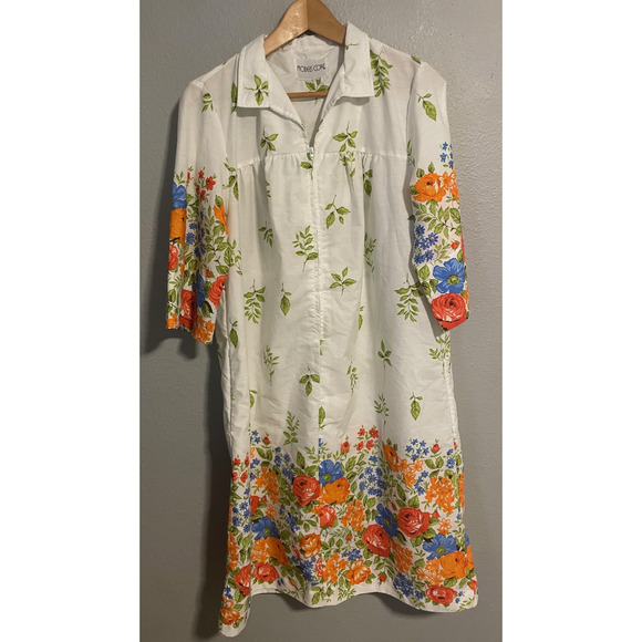 Vintage Models Coat Dress Womens Medium White Floral Zip Front Pockets 80s READ - Picture 1 of 6